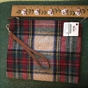Blue Rooster Plaid Wool Blend Wristlet Pouch Bag Clutch NWT
